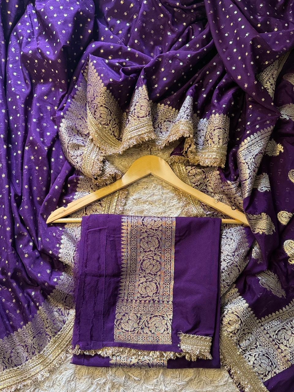 Handloom Banarasi Semi Khaddi Katan Soft Silk Saree With Lace Work Border