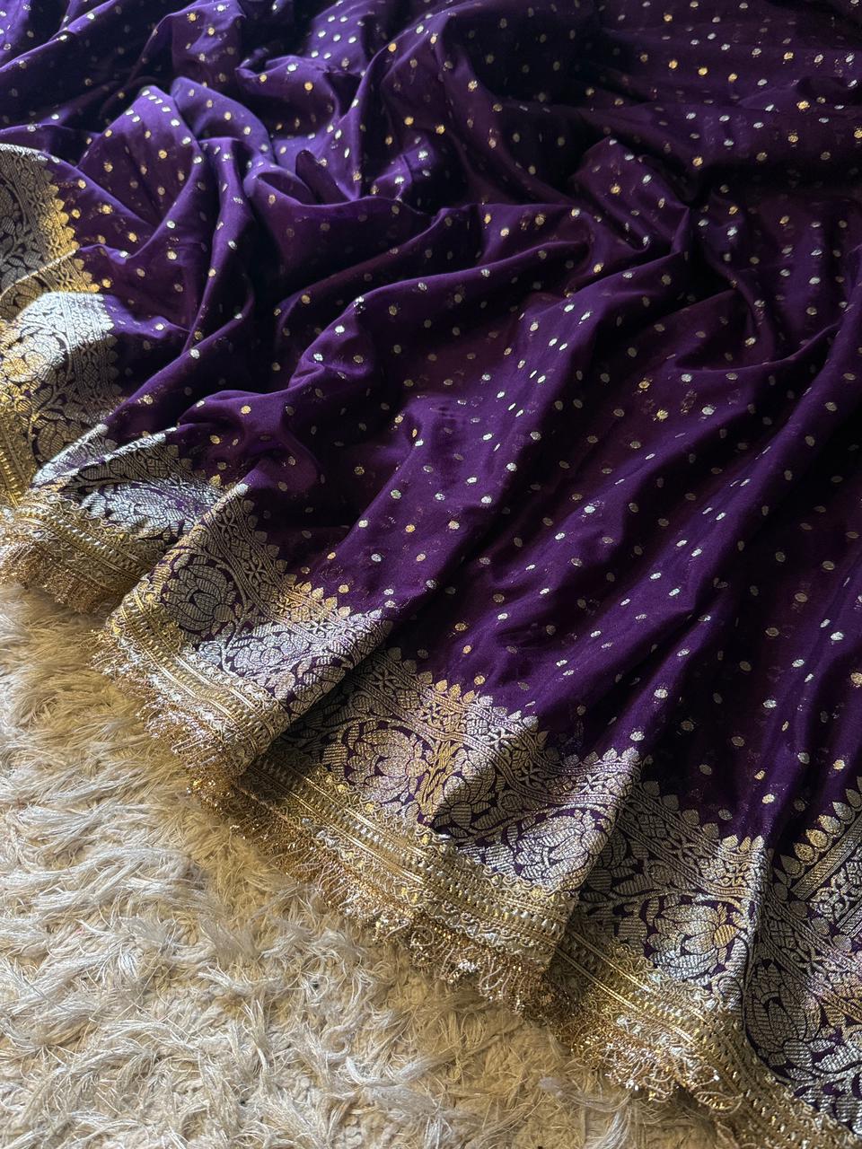 Handloom Banarasi Semi Khaddi Katan Soft Silk Saree With Lace Work Border