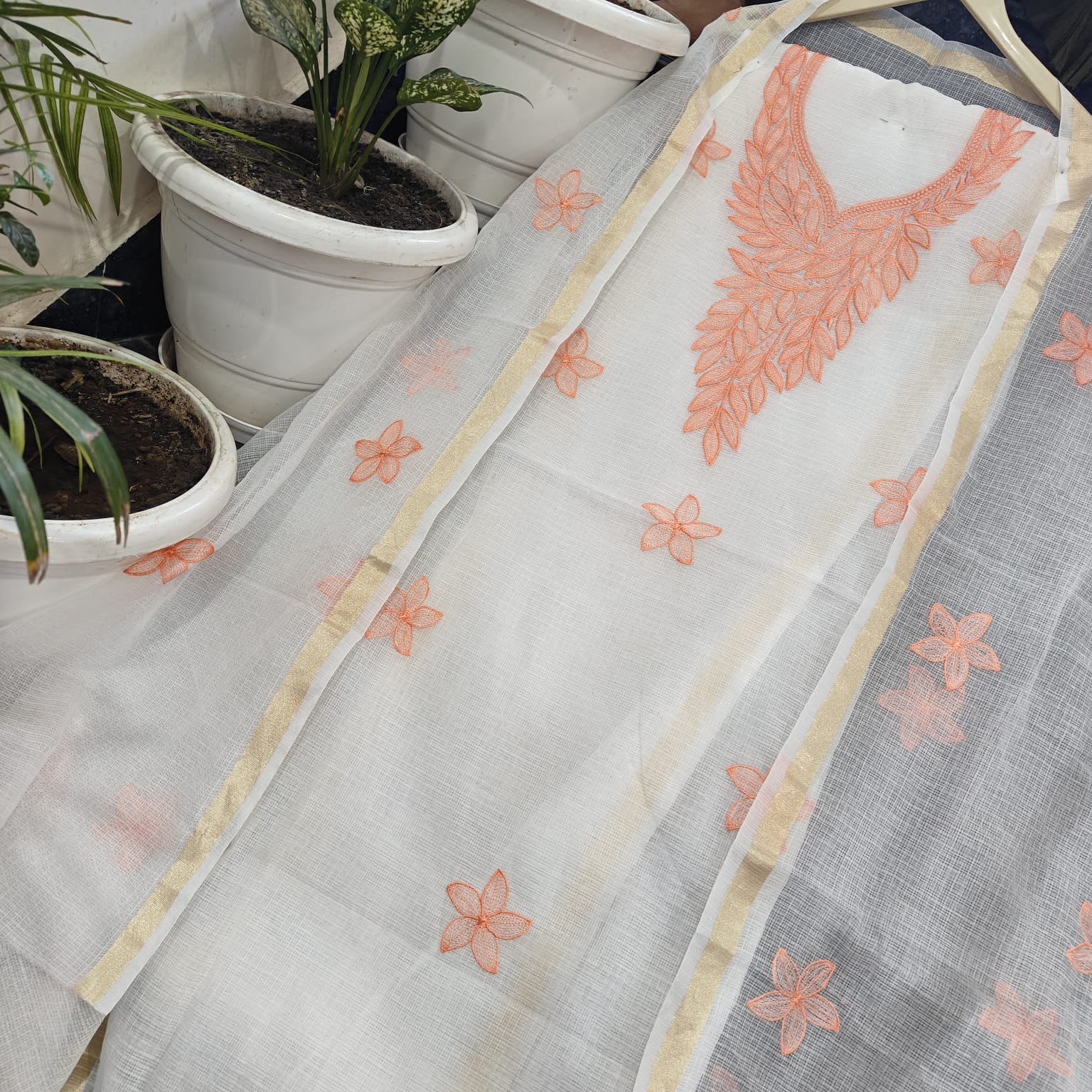 Pure Kota-Doria Unstitched Suit with Embroidery Work