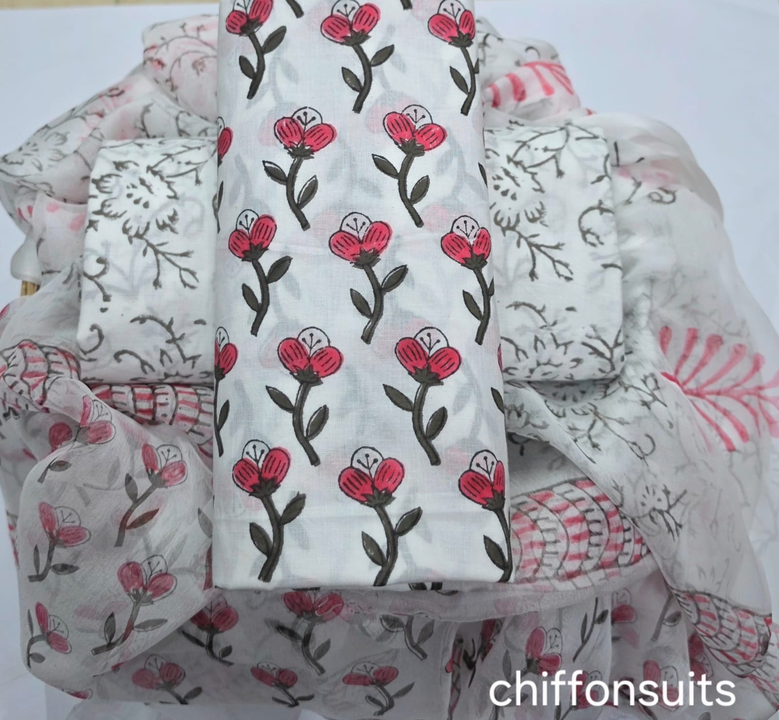 Pure cotton hand-block print suit with Chiffon dupatta