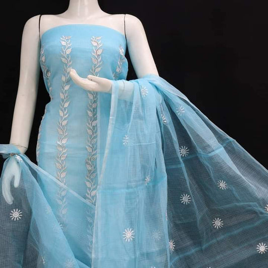 Pure Kota-Doria Unstitched Suit with Embroidery Work
