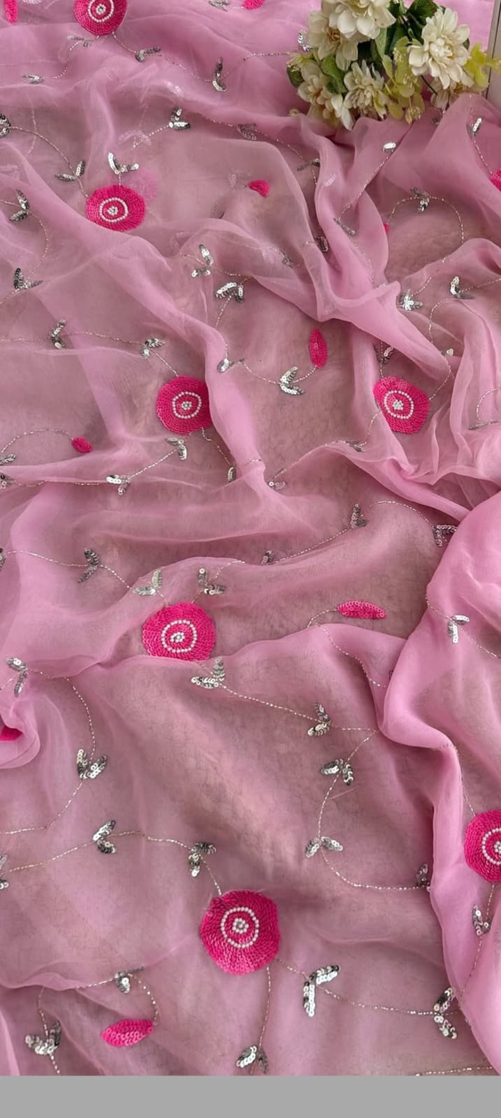 Premium Pure Chiffon Jaal Work Saree with Running Blouse