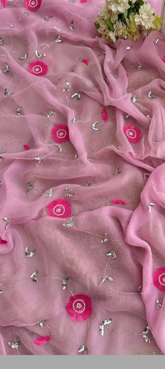 Premium Pure Chiffon Jaal Work Saree with Running Blouse