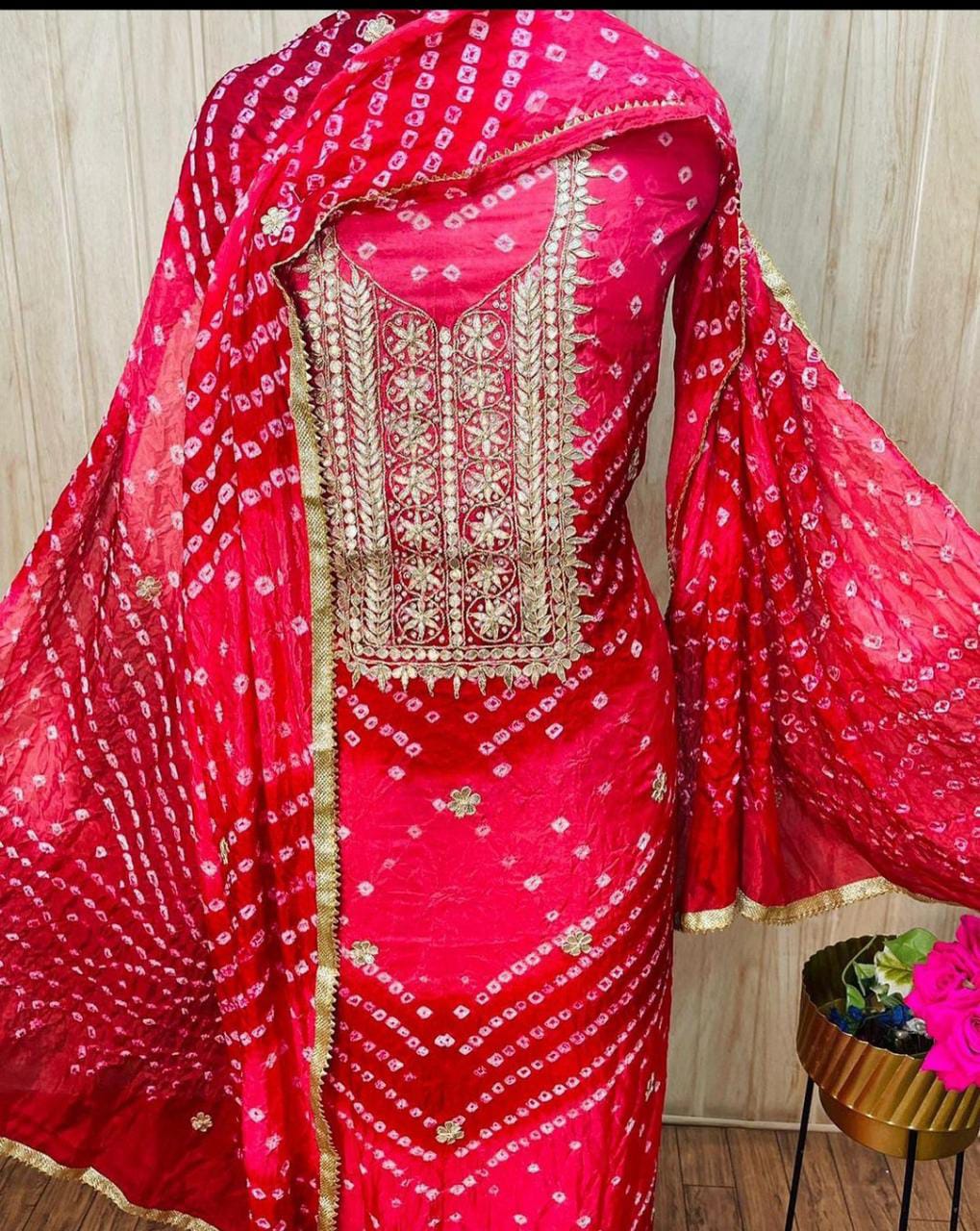 Bandhej Gota patti work Unstitched Suit