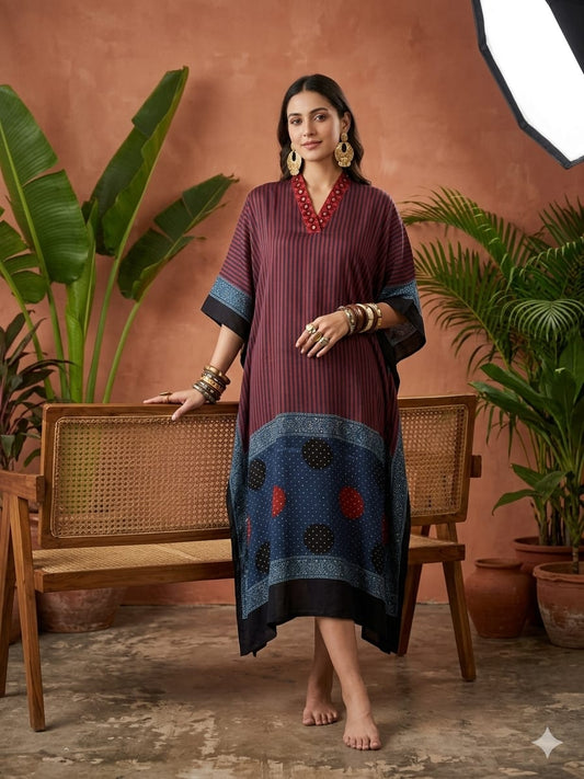 Pure Modal Silk Hand block Printed Kaftans Stitched suit With Hand Mirror Work