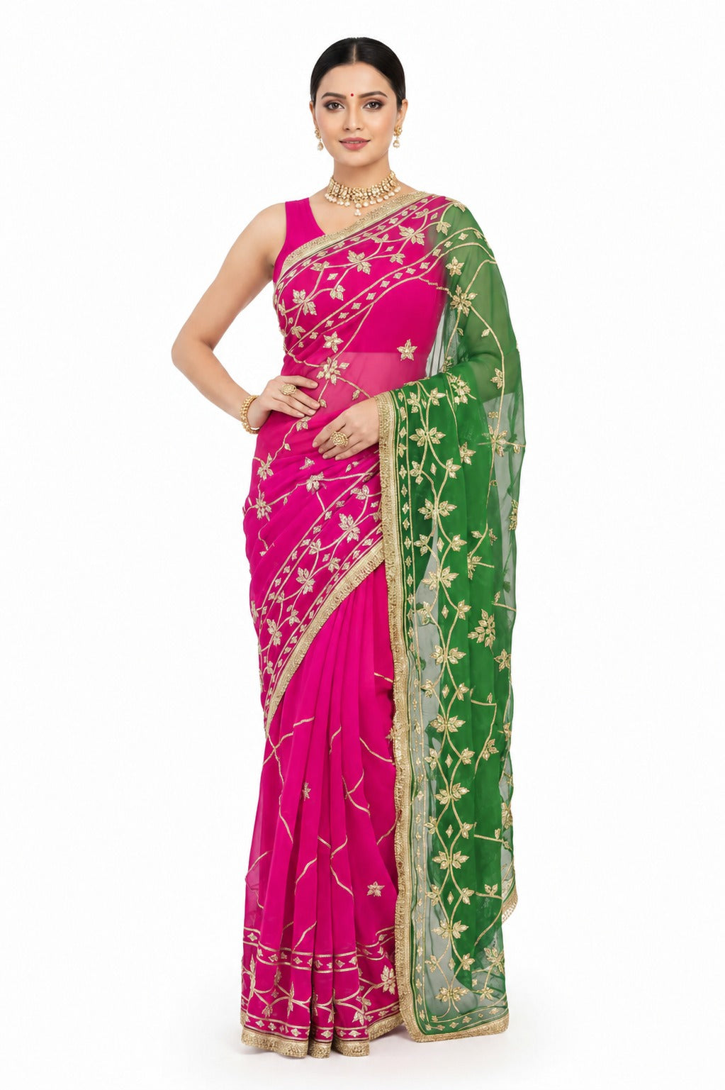 Pure Diamond Chiffon Gota Patti  Work Saree With Blouse