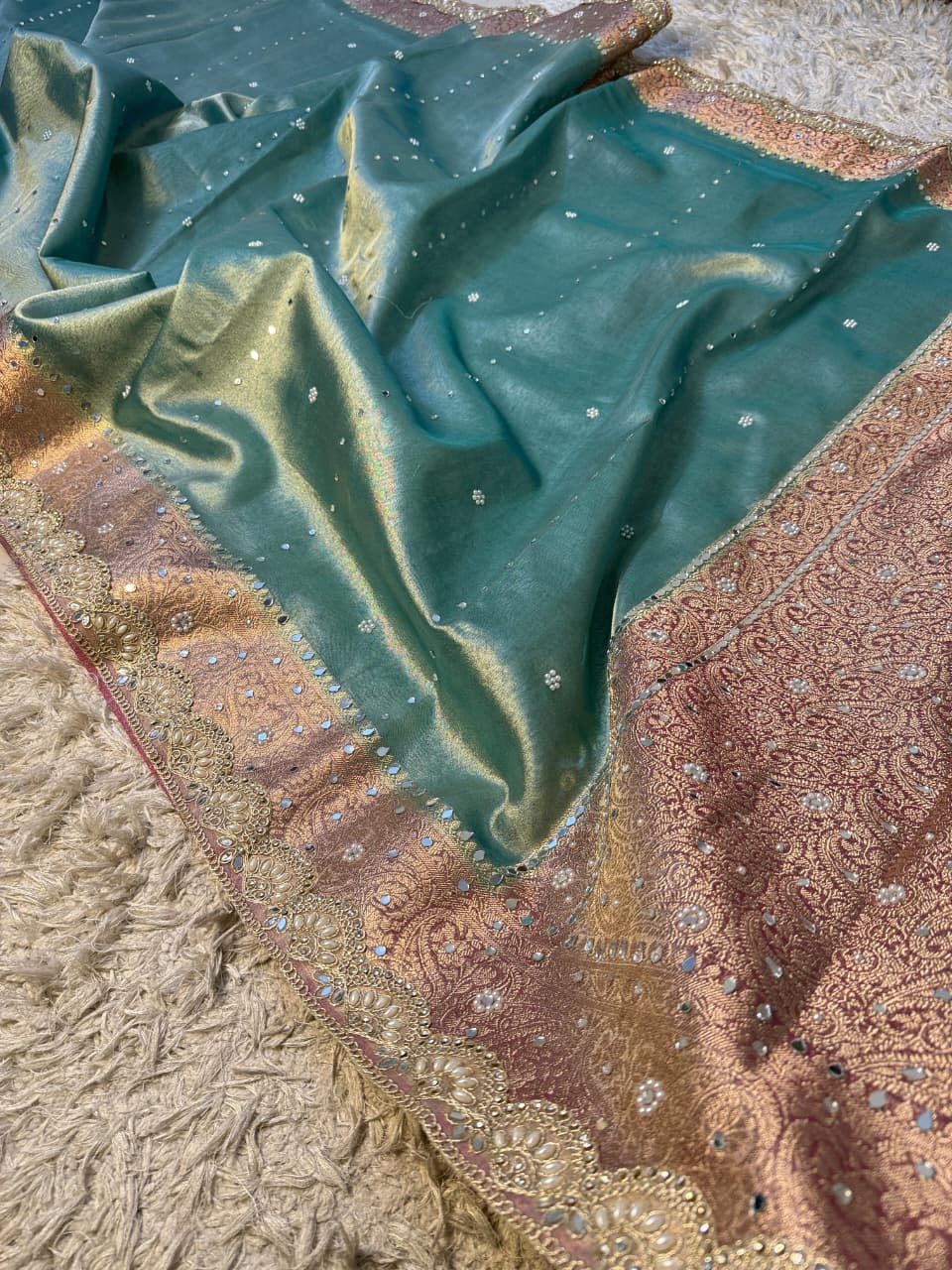 Elegant Tissue Mirror Work Saree with Designer Lace Border