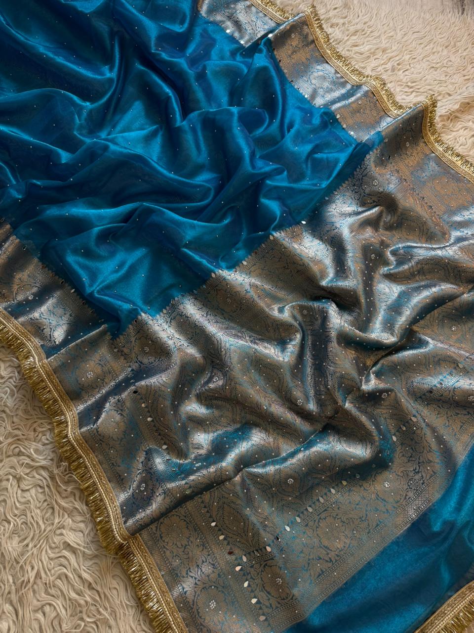 Banarasi Tissue Silk Saree With beautiful borders with beads work