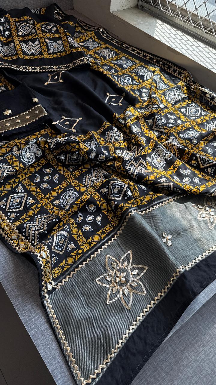 Pure Munga Silk Gotta Patti Work Saree With Blouse