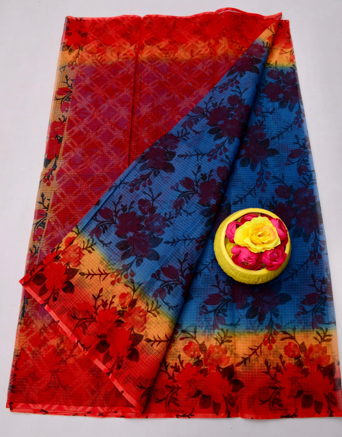 Pure Cotton Kota Doria Kalam Kari Floral Print Sarees