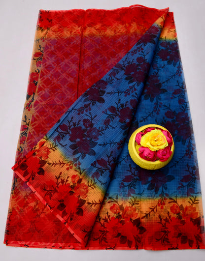 Pure Cotton Kota Doria Kalam Kari Floral Print Sarees
