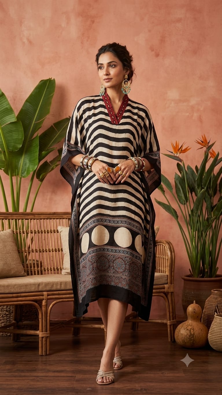 Pure Modal Silk Hand block Printed Kaftans Stitched suit With Hand Mirror Work