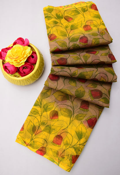 Pure Cotton Kota Doria Kalam Kari Floral Print Sarees