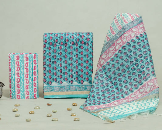 Hand Block Print Chanderi Silk Unstitched Suit