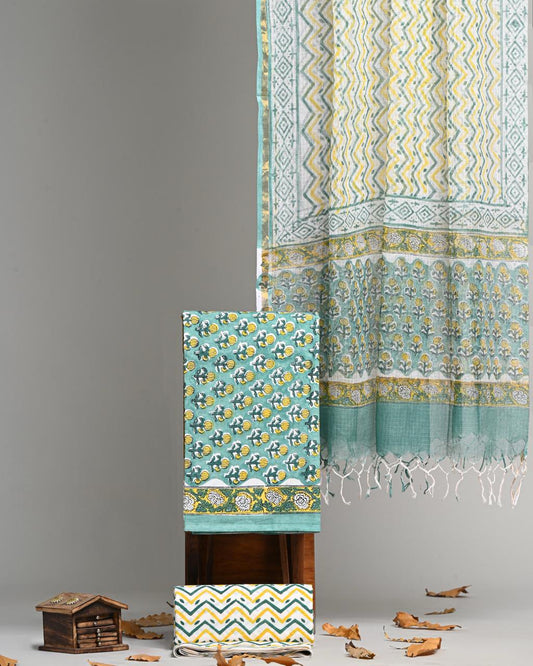 Pure Cotton Hand Block Print Suit With Kota Doriya Dupatta