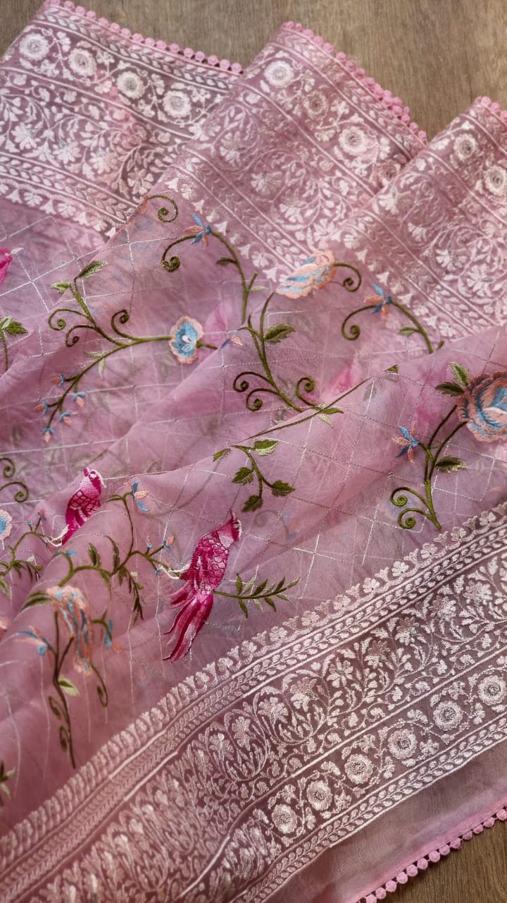 Pure Organza Silk  Parsi Embroidery Work Saree With Heavy Blouse