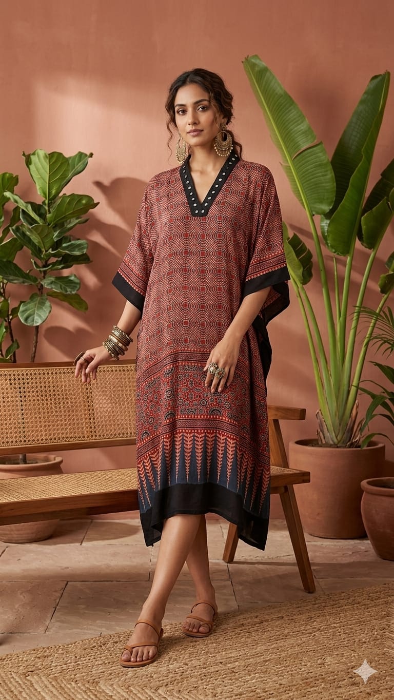 Pure Modal Silk Hand block Printed Kaftans Stitched suit With Hand Mirror Work