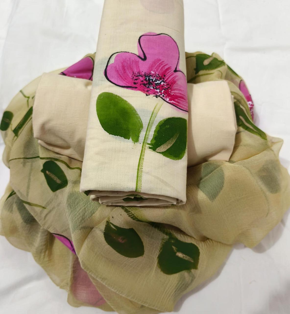 Pure cotton hand-block print suit with Chiffon dupatta