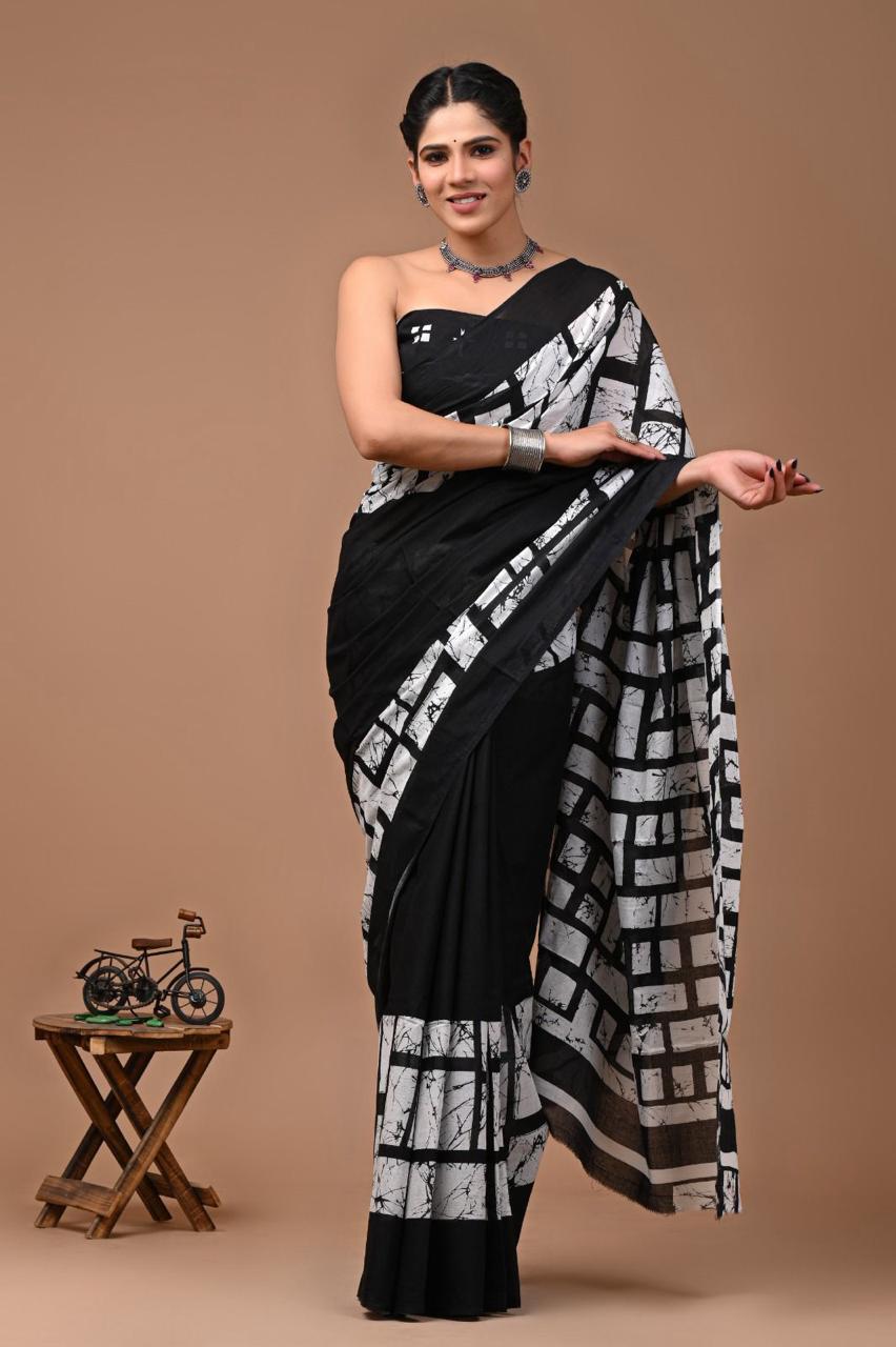 Pure Mulmul Cotton hand block Print Saree with Blouse