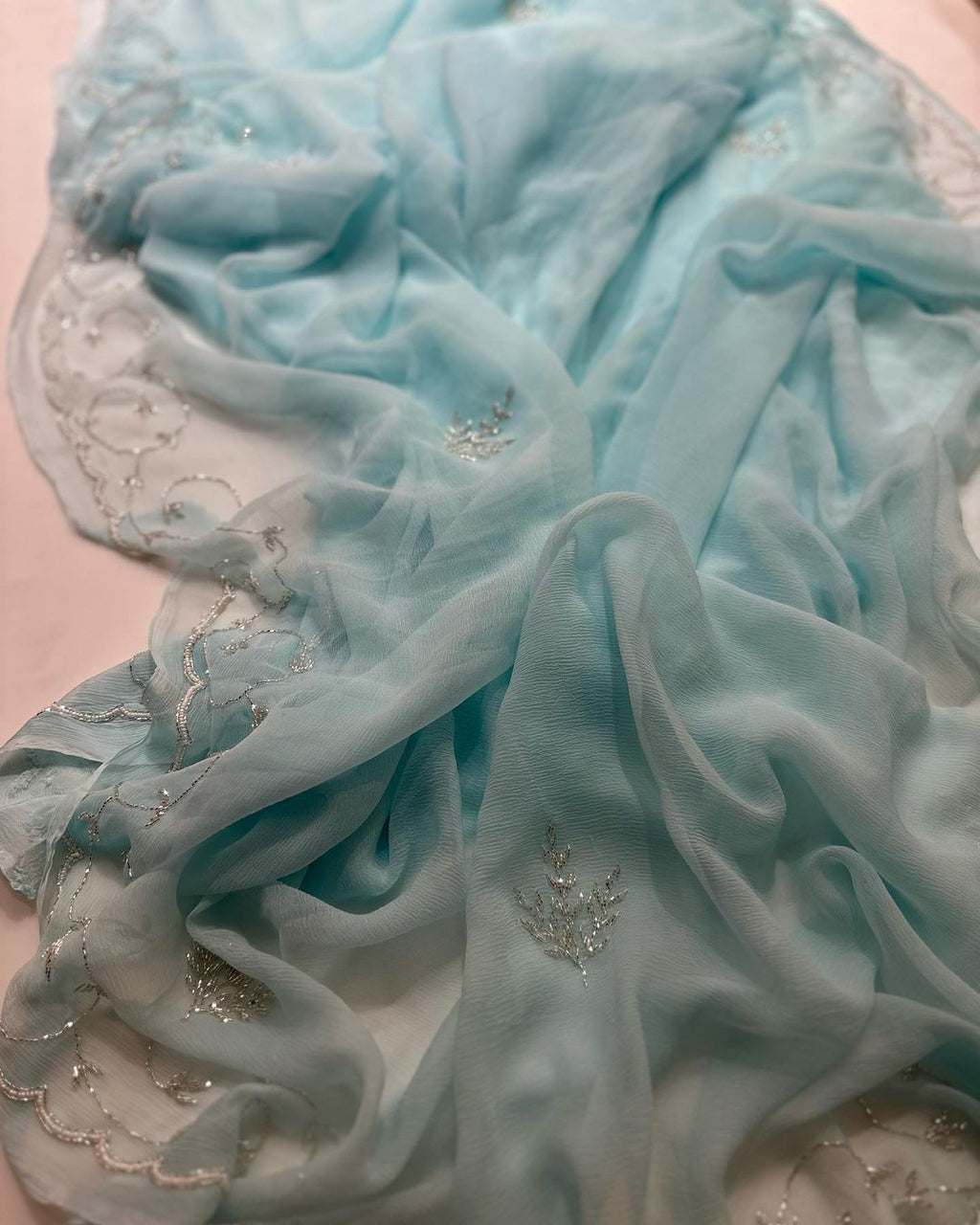Pure Jaipuri Diamond Chiffon Elegance Hand Work Jaal Saree With Running Blouse