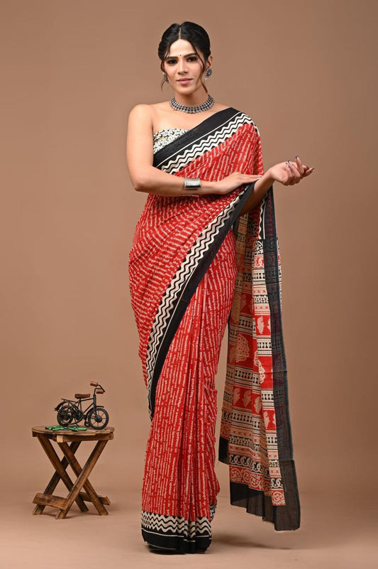 Pure Mulmul Cotton hand block Print Saree with Blouse