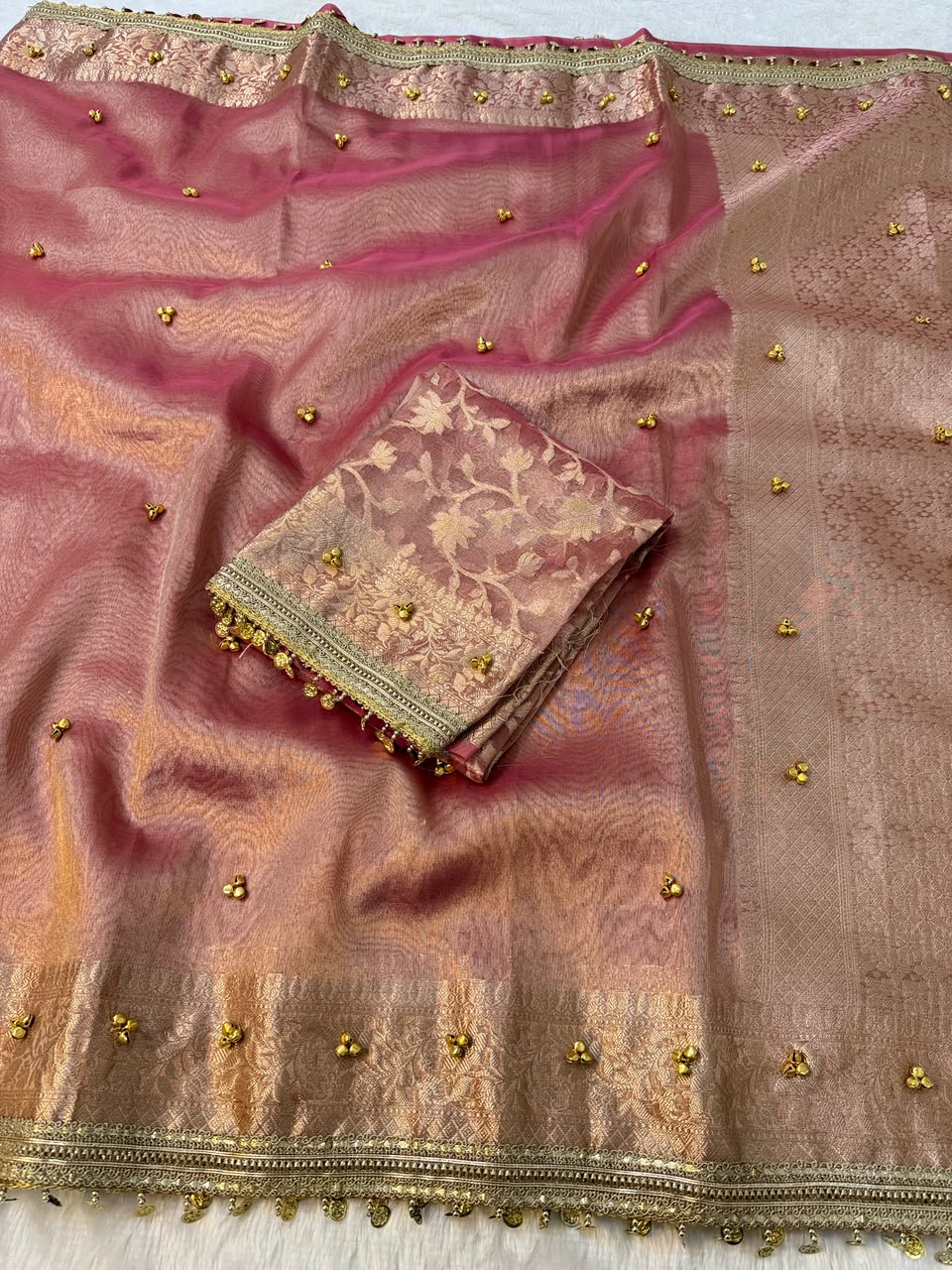 Premium Banarasi Tissue Zari Weaving Saree with Ghungroo Handwork Border