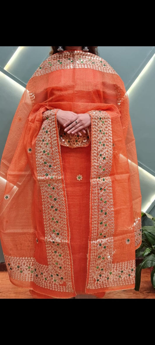 Kota-Doria Unstitched Suit with Embroidey Work