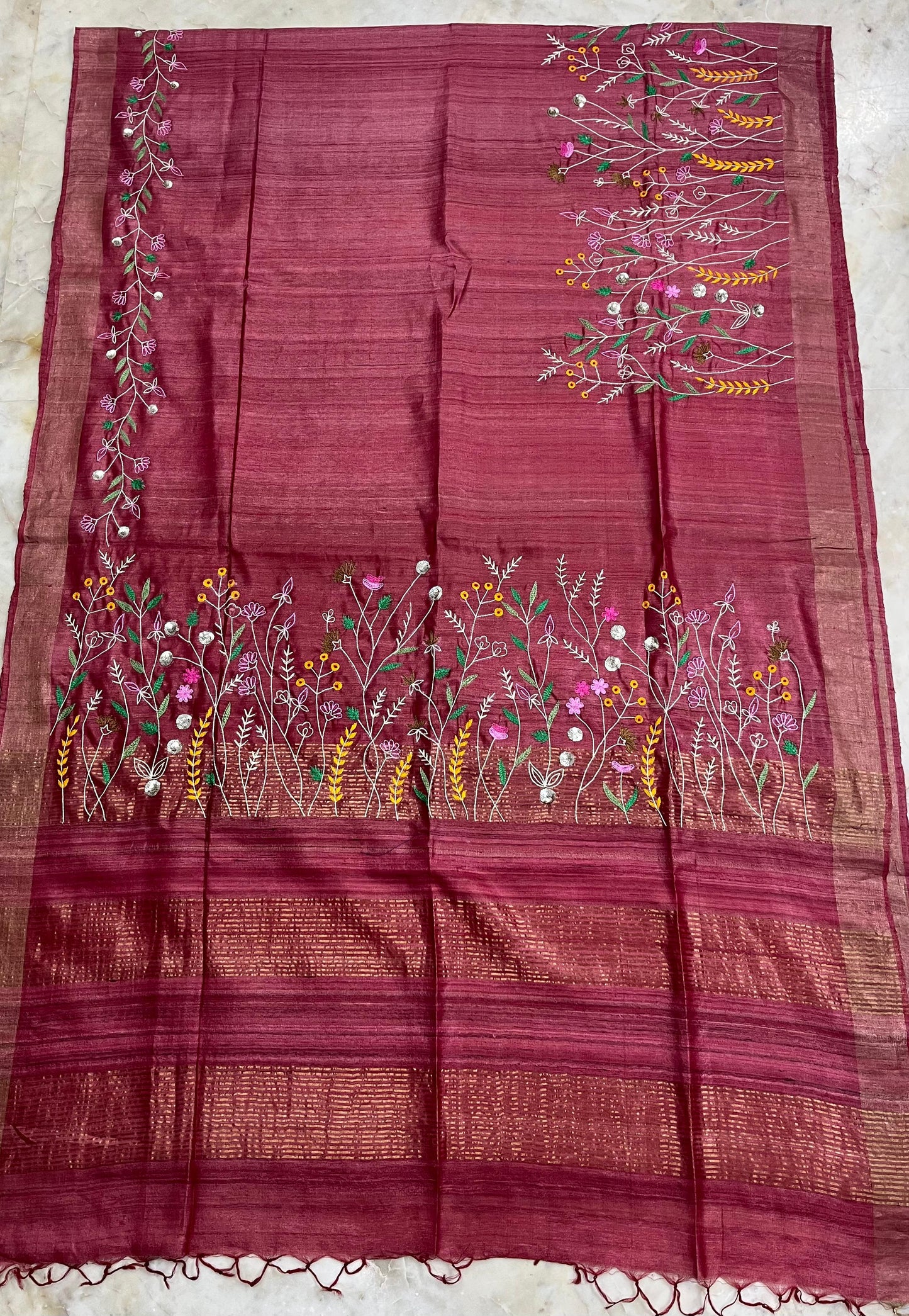 Pure Desi Tussar By Tussar Silk Embroidery Work Saree With Running Blouse