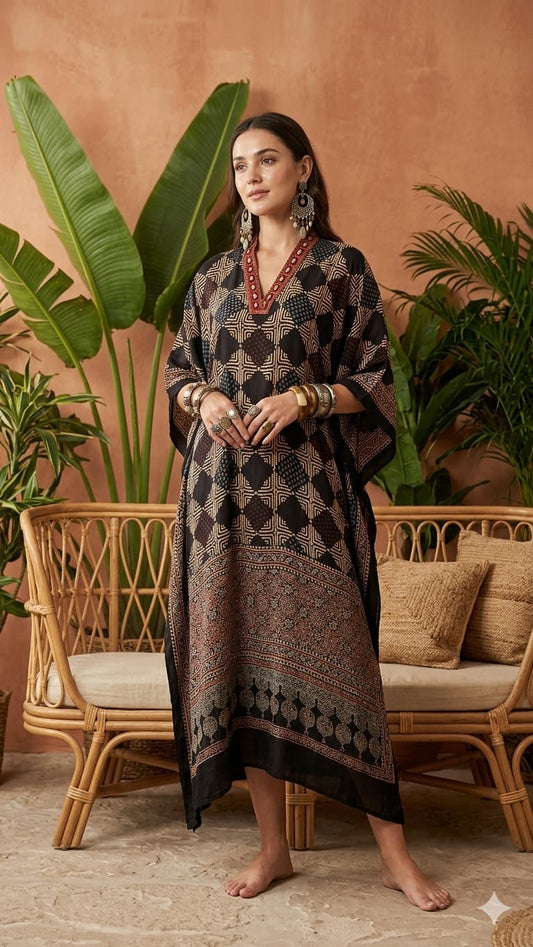 Pure Modal Silk Handblock Printed Kaftans Stitched suit With Hand Mirror Work