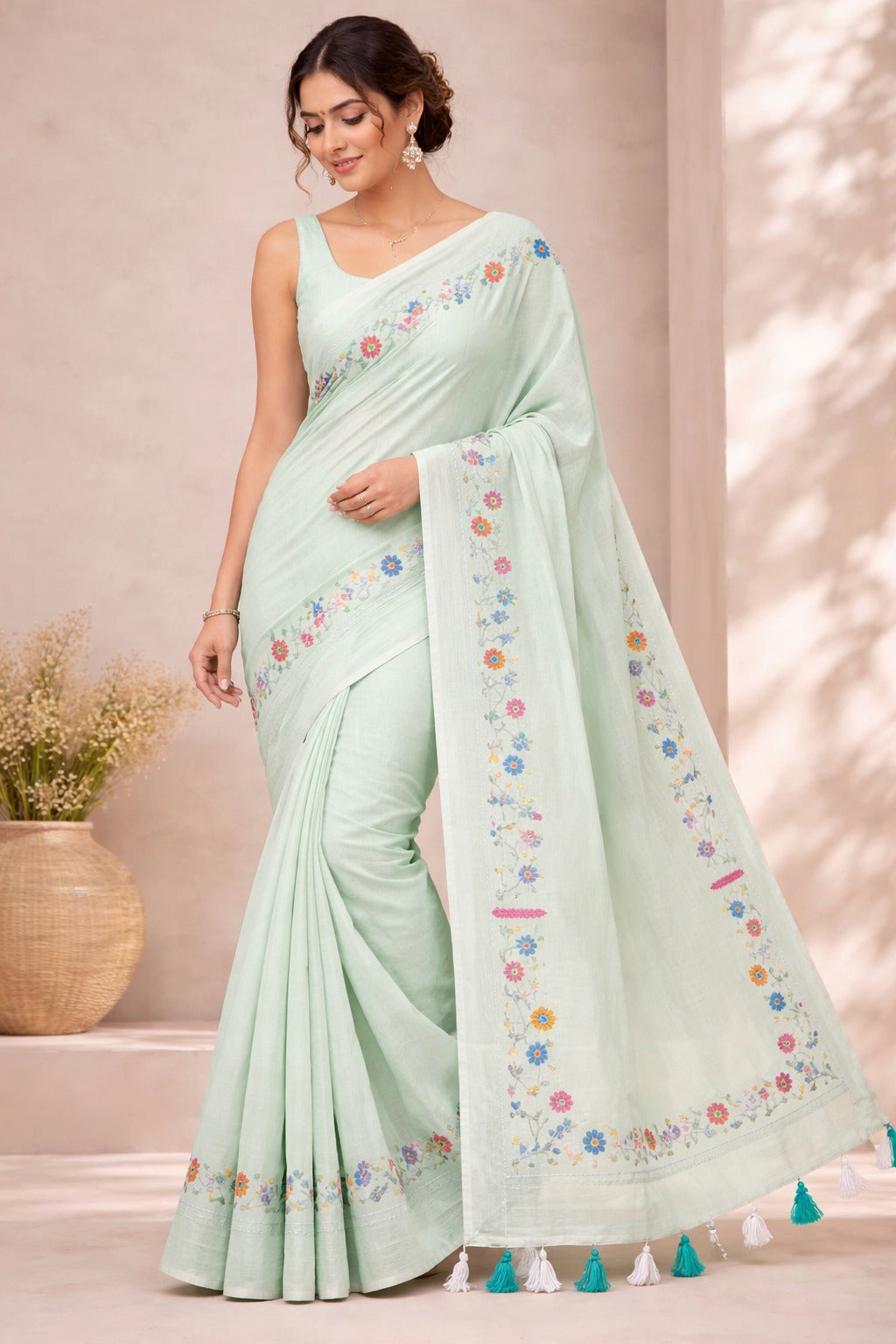 Beautiful Hand Stitch Pure Mul Cotton Saree Without blouse