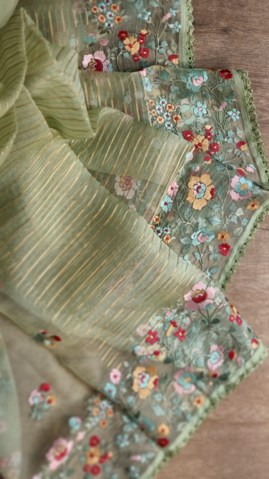 Pure Organza Silk  floral Embroidery Saree with velvet lace and heavy blouse