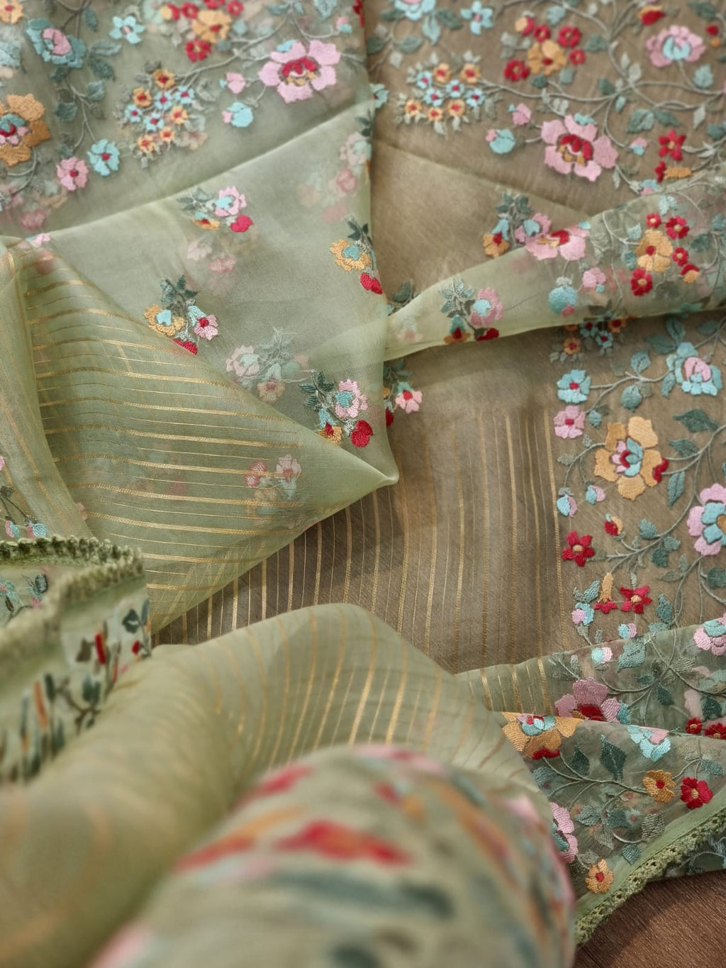 Pure Organza Silk  floral Embroidery Saree with velvet lace and heavy blouse
