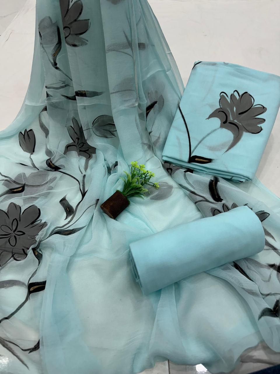 Pure cotton hand-block print suit with Chiffon dupatta