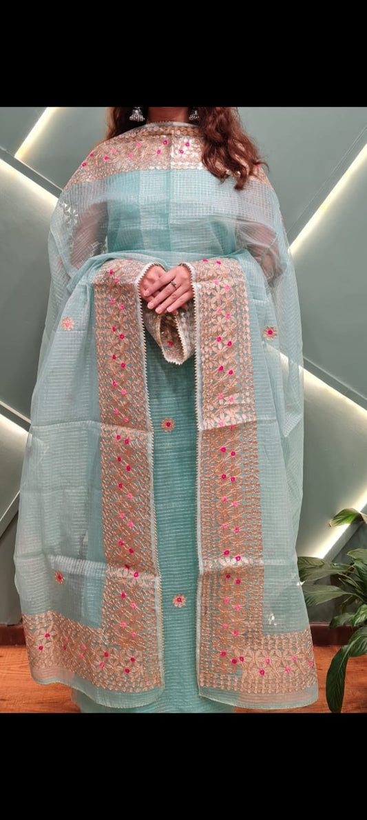 Kota-Doria Unstitched Suit with Embroidey Work