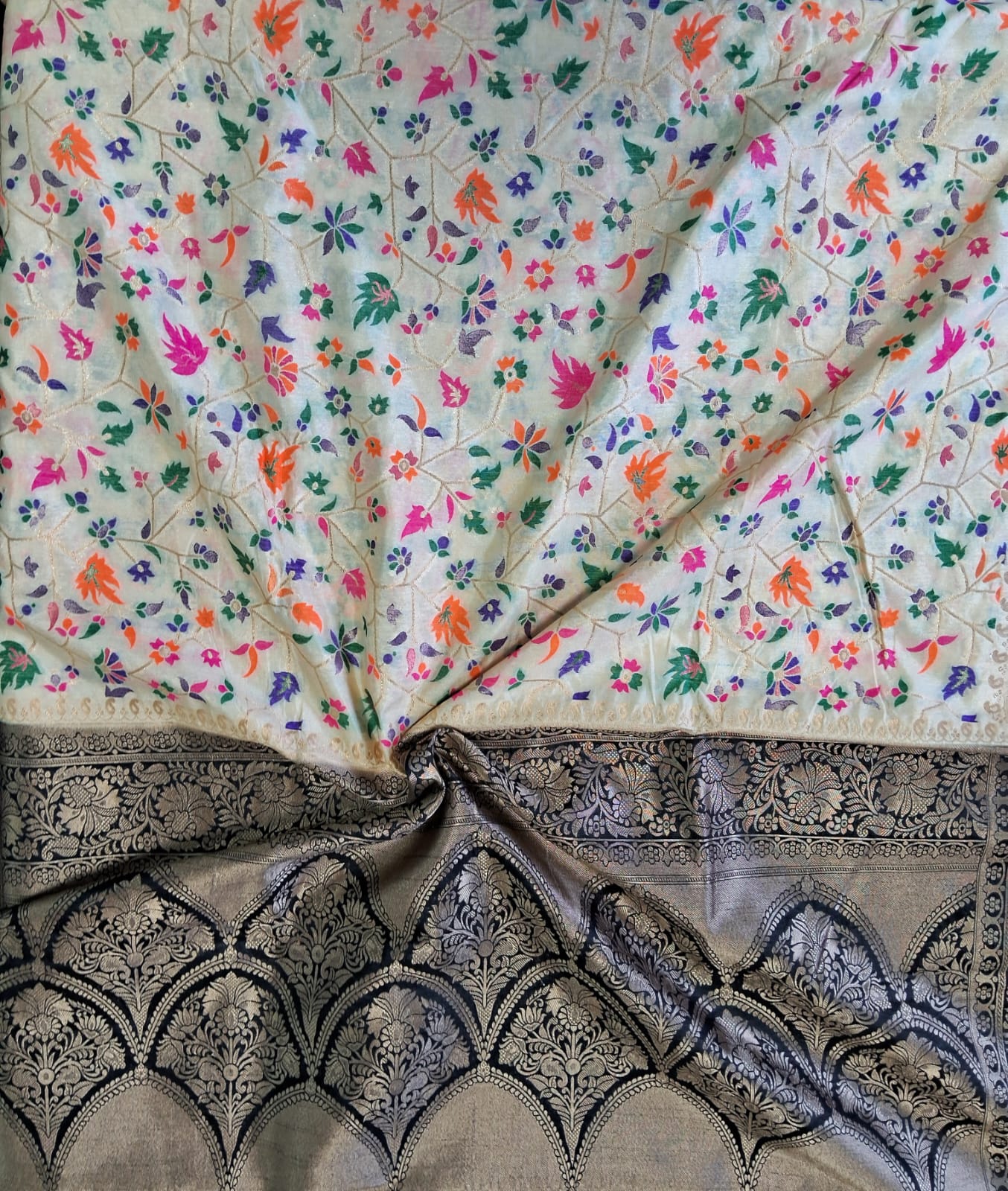 White color Banarasi Handloom Silk Multi Meena Zari Work Saree