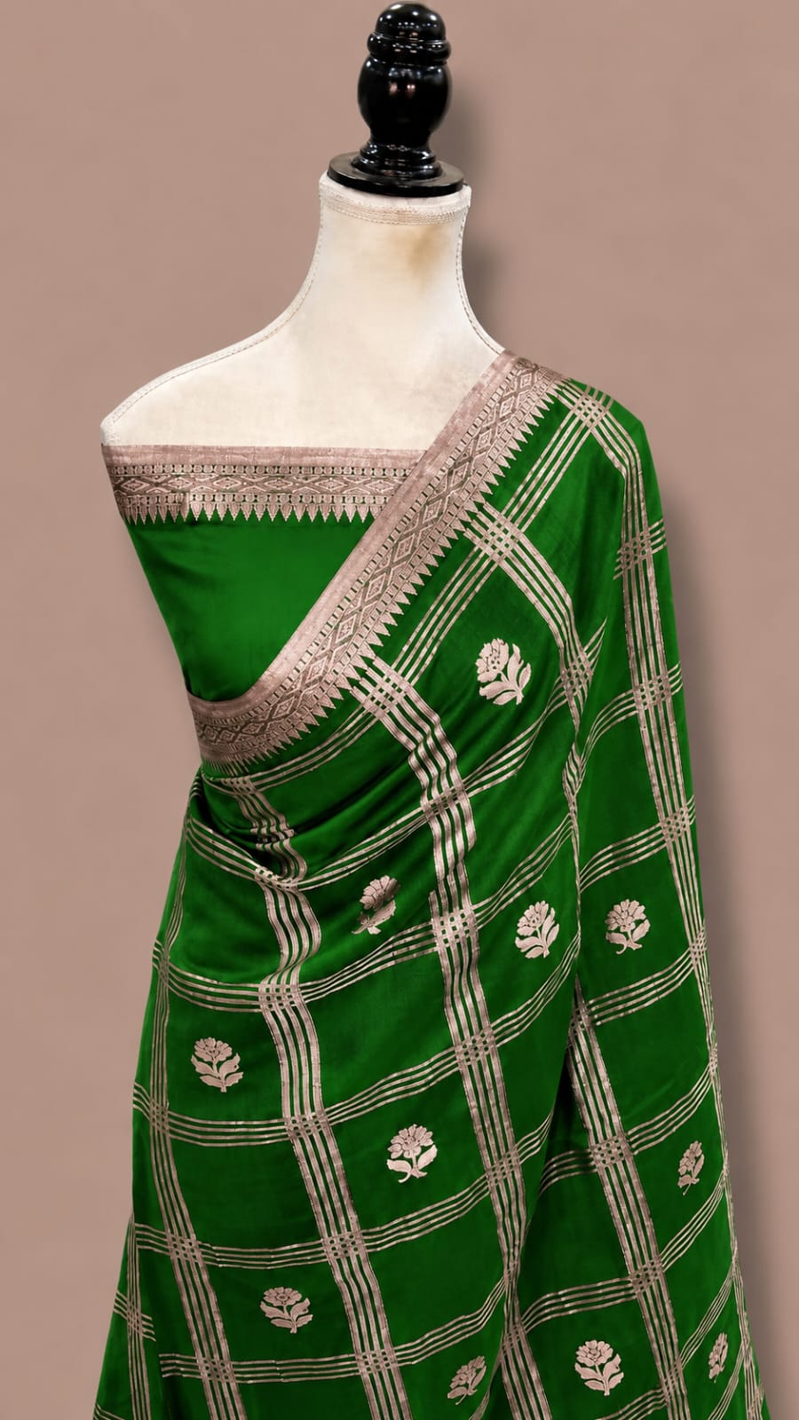 Mango Katan Banarasi Soft Silk Saree with Zari Check Weaving and Floral Boota Work