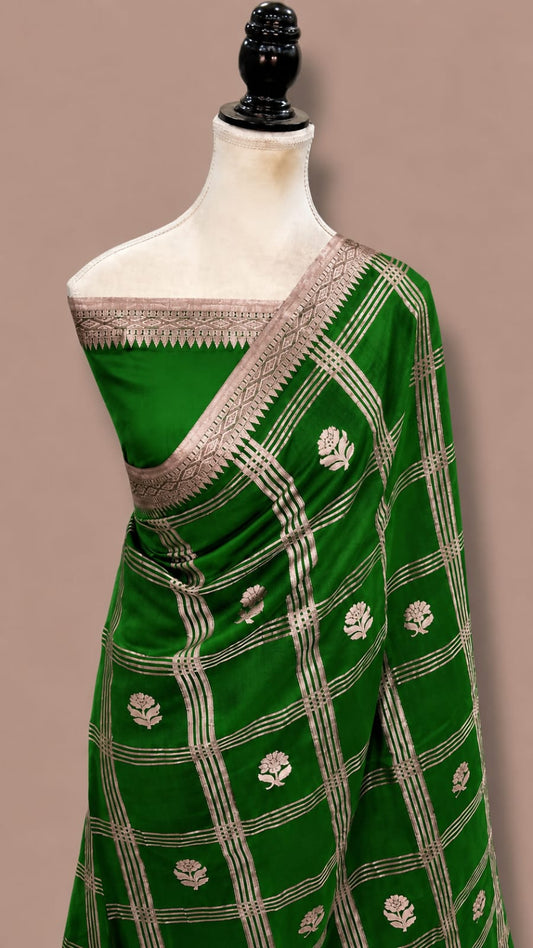 Mango Katan Banarasi Soft Silk Saree with Zari Check Weaving and Floral Boota Work