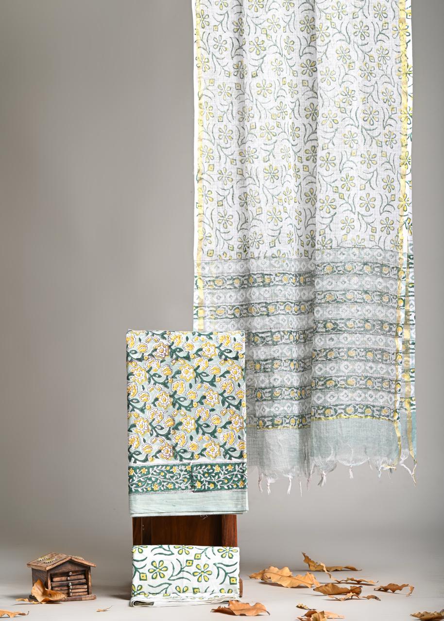 Pure Cotton Hand Block Print Suit With Kota Doriya Dupatta