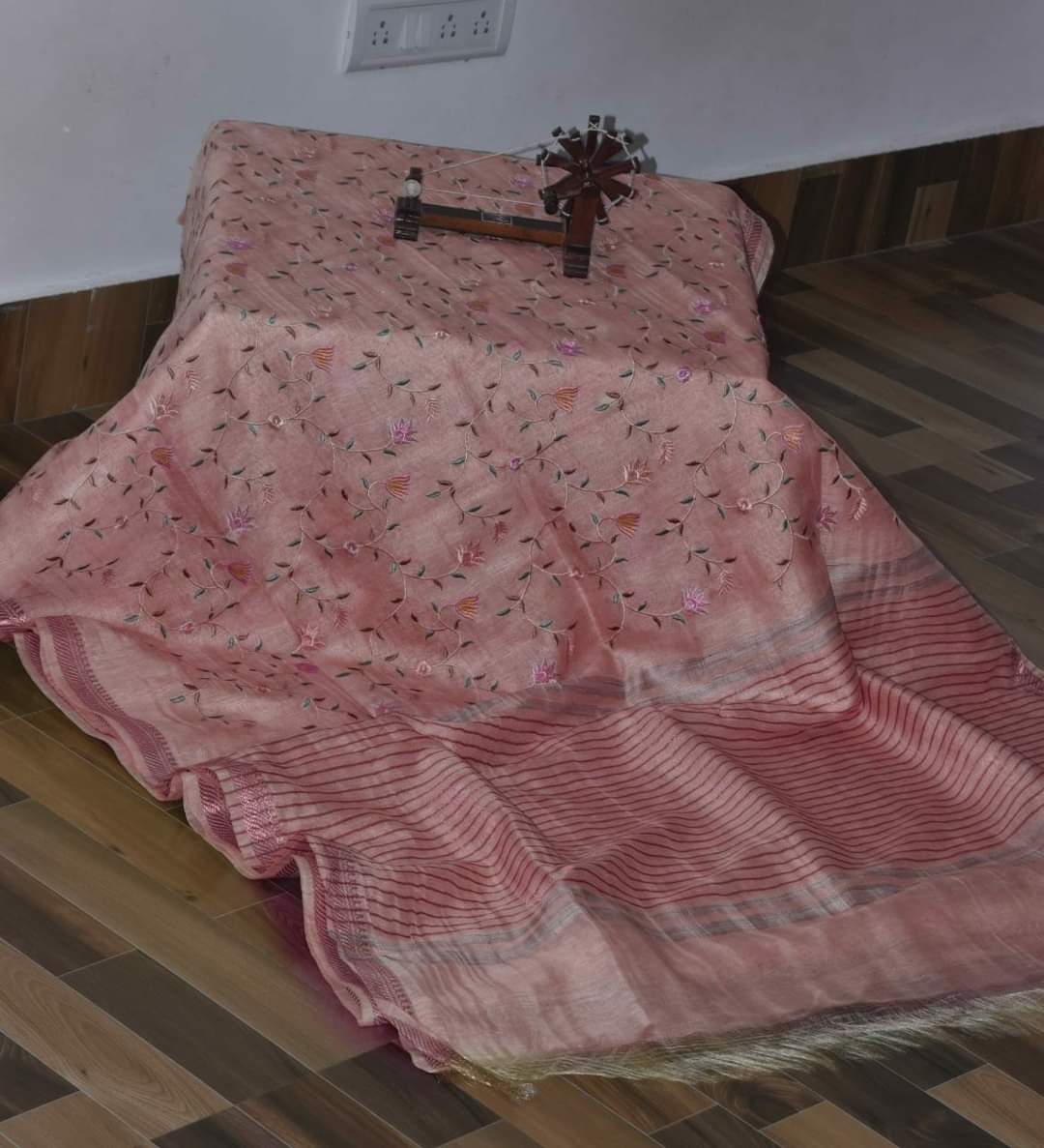 Pure Linen Silk Hand Embroidery Work Saree With Blouse