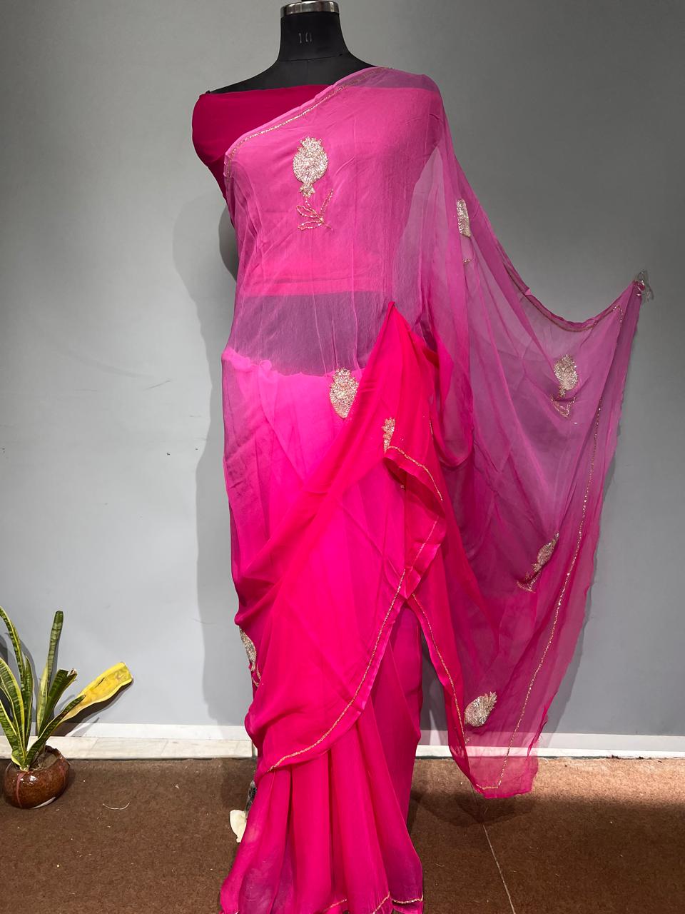Pure Jaipuri Chiffon 13 big motif work Saree with  blouse