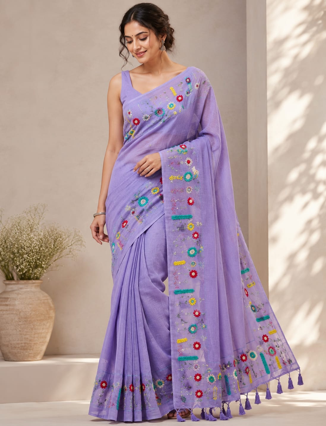 Beautiful Hand Stitch Pure Mul Cotton Saree Without blouse