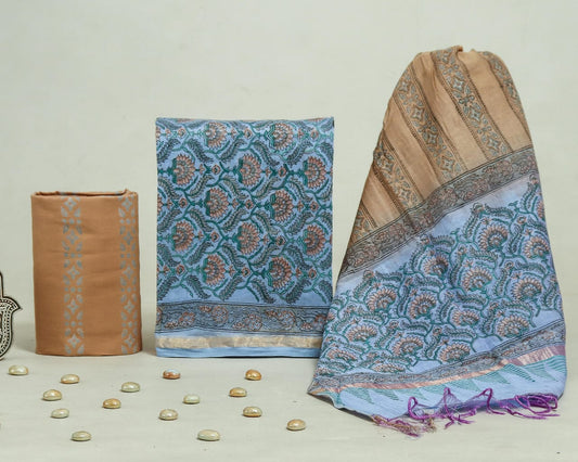 Hand Block Print Chanderi Silk Unstitched Suit