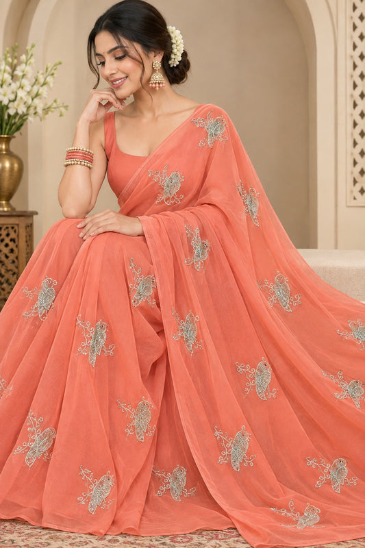 Beautiful Pure Jaipuri Chiffon 13 big Bird motif work Saree with blouse