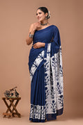 Pure Mulmul Cotton hand block Print Saree with Blouse