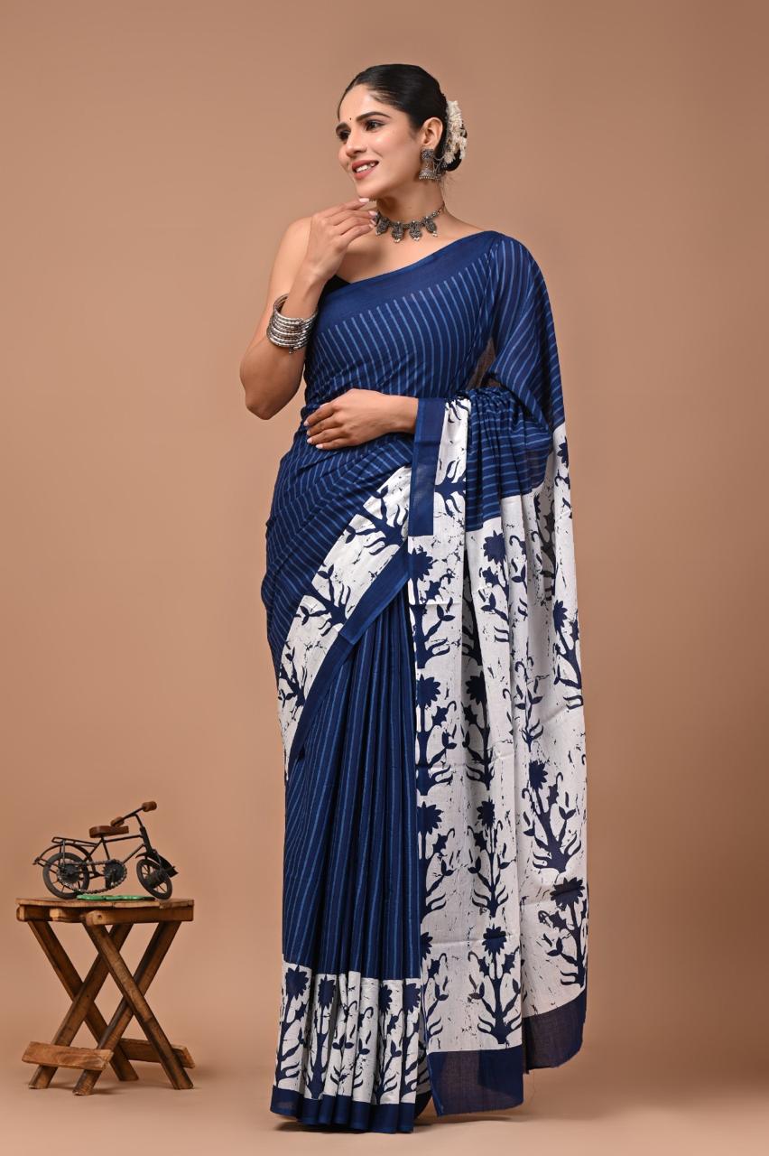 Pure Mulmul Cotton hand block Print Saree with Blouse