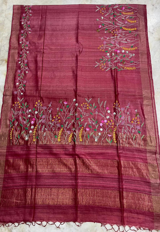Pure Desi Tussar By Tussar Silk Embroidery Work Saree With Running Blouse
