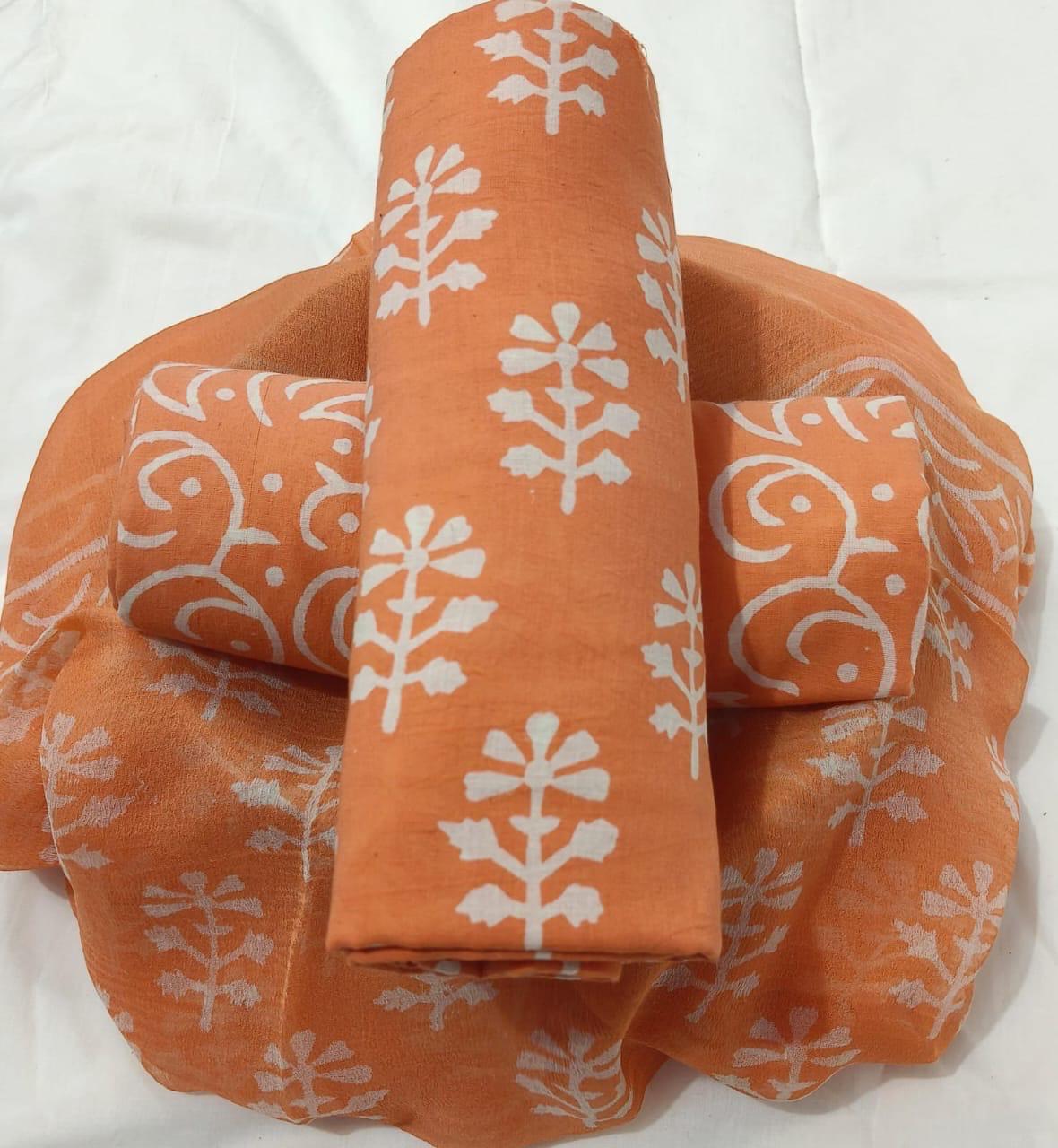 Pure cotton hand-block print suit with Chiffon dupatta