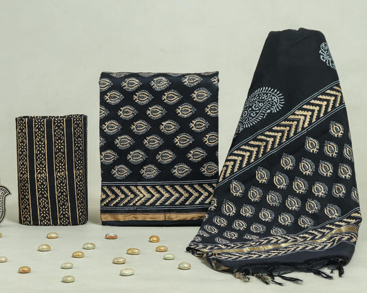 Hand Block Print Chanderi Silk Unstitched Suit