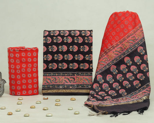 Hand Block Print Chanderi Silk Unstitched Suit