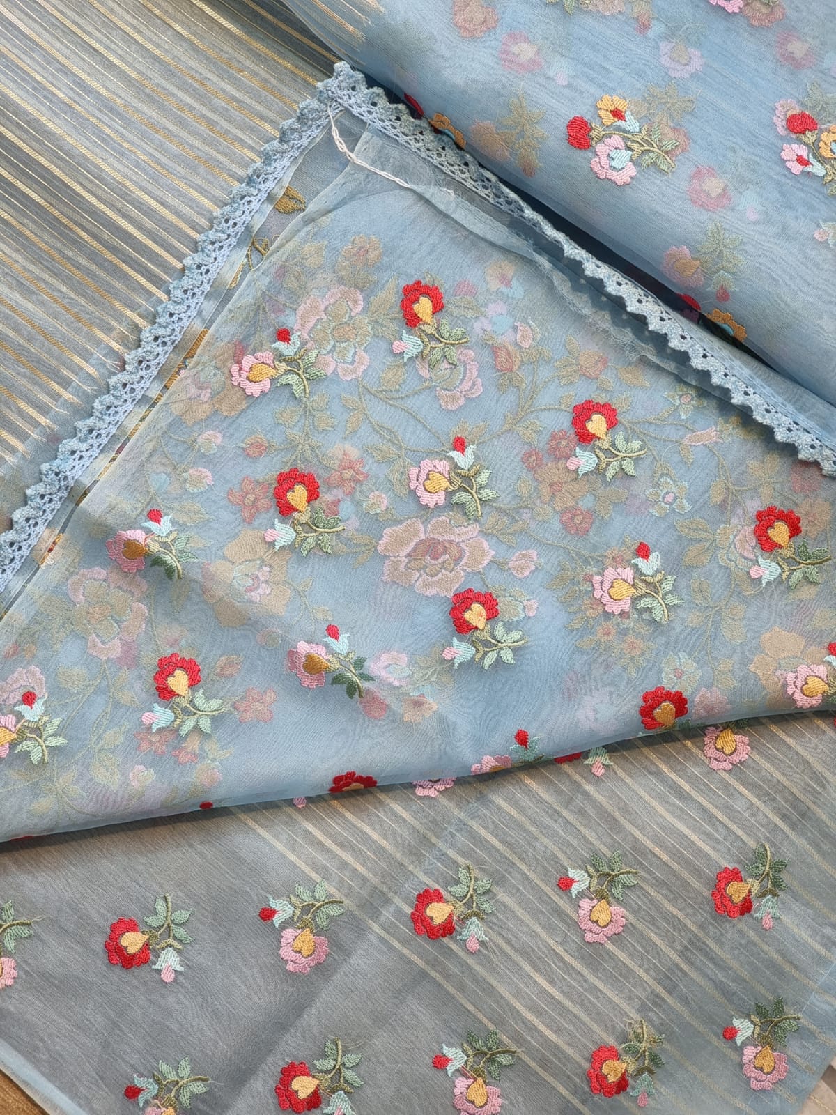 Pure Organza Silk  floral Embroidery Saree with velvet lace and heavy blouse